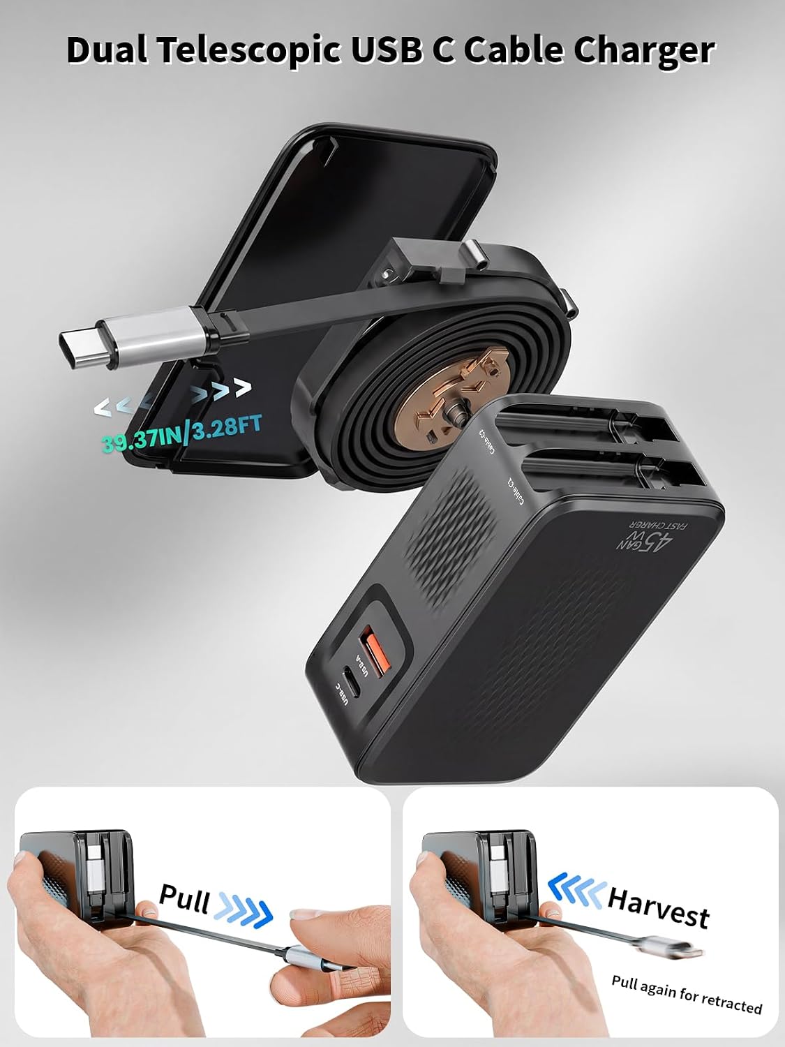 Cargador USB C retráctil, cargador de iPhone de 45 W, carga rápida,...