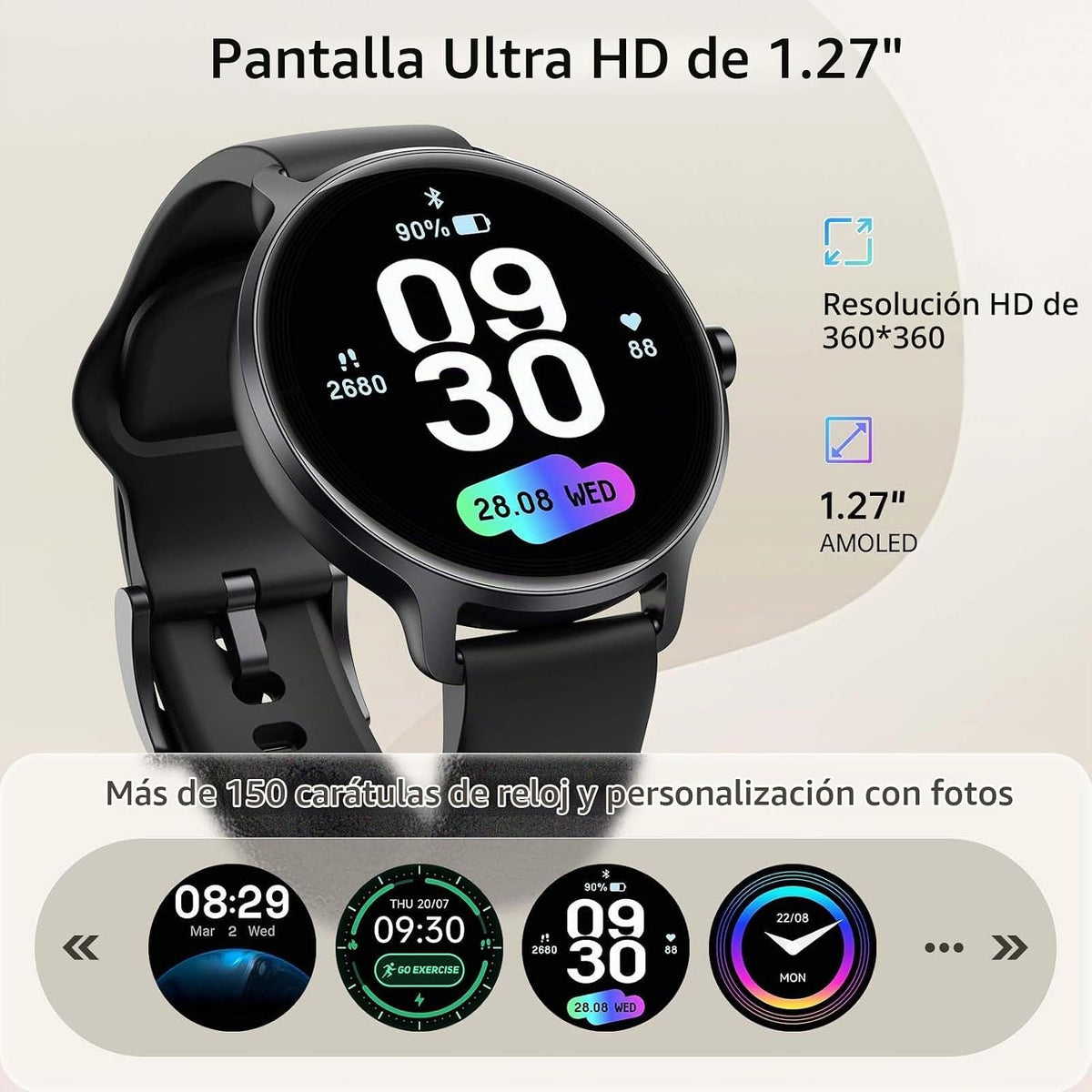 Reloj inteligente para mujeres y hombres, 1.27 pulgadas HD AMOLED e...