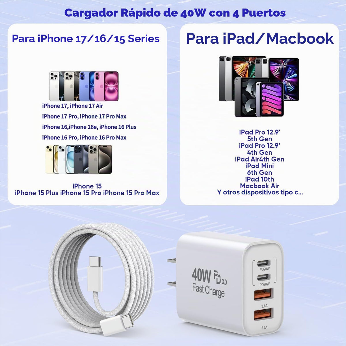 Paquete de 2 bloques de carga rápida para iPhone 17, 16, 15 Pro Max...