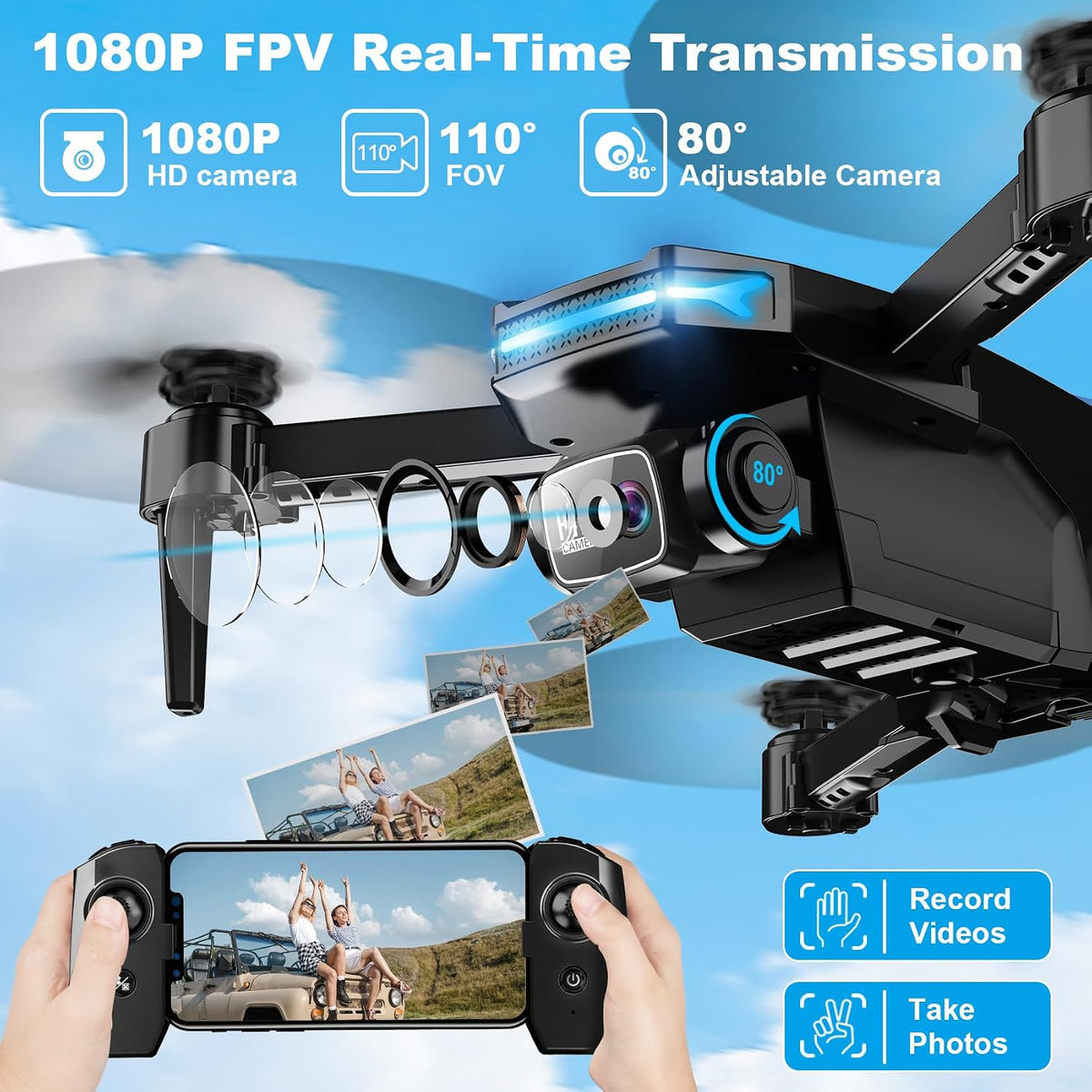 Drone con cámara 1080P - Drone plegable RC Quadcopter FPV con contr...
