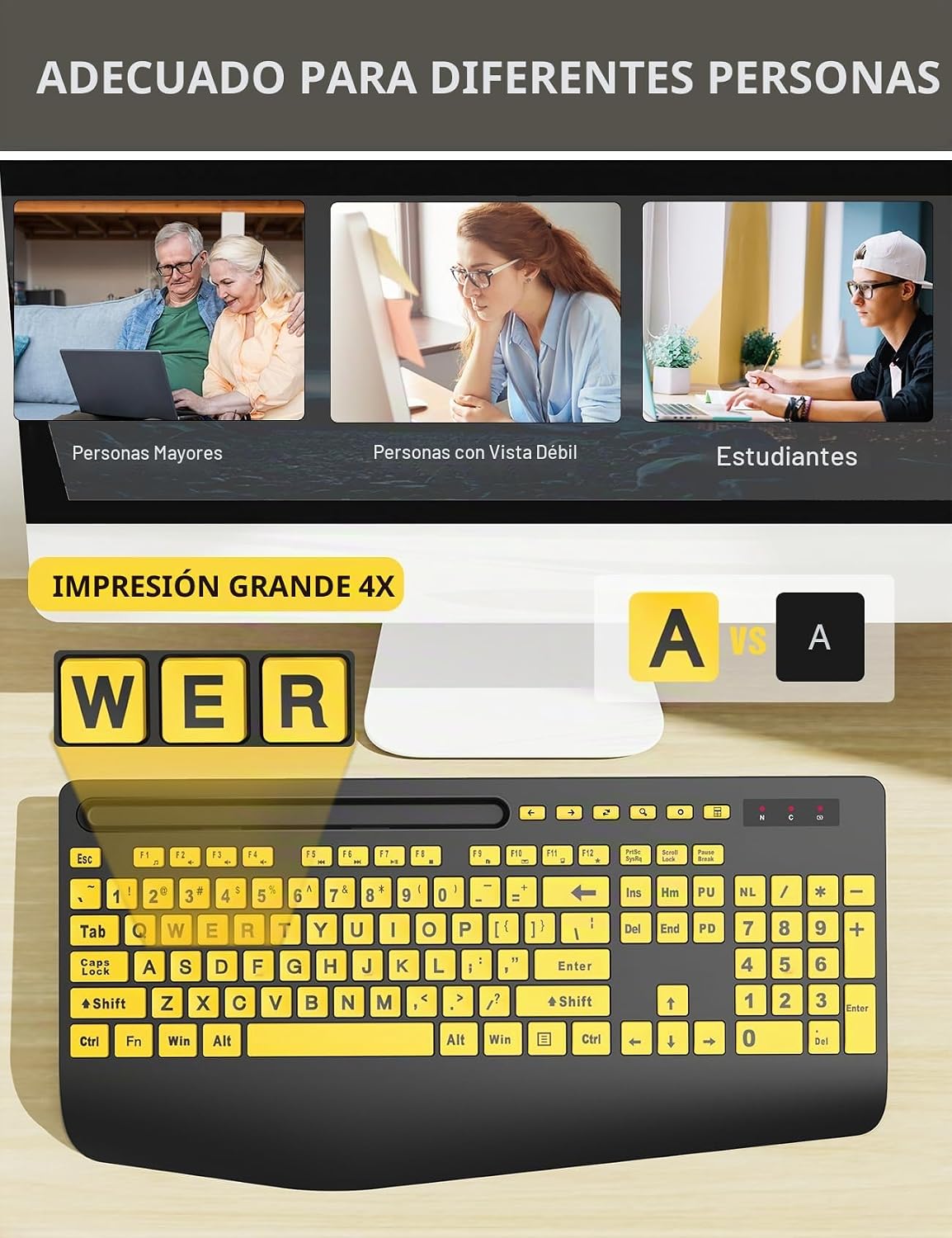Combo de teclado y mouse inalámbricos: teclado ergonómico de impres...