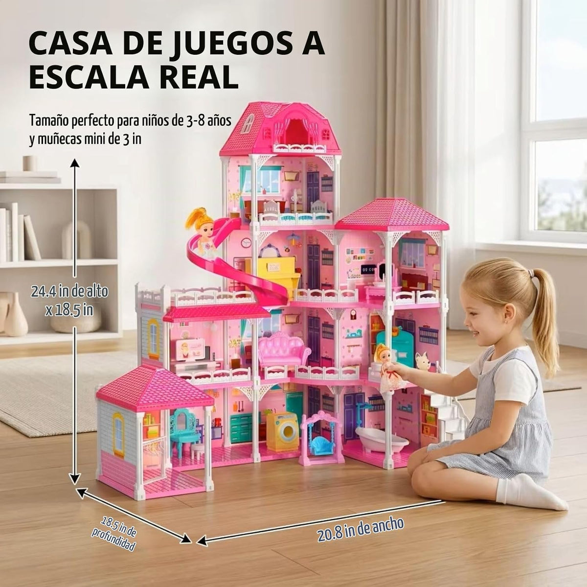 Doloowee Casa de muñecas de 4 pisos con tobogán y 2 muñecas, casa d...