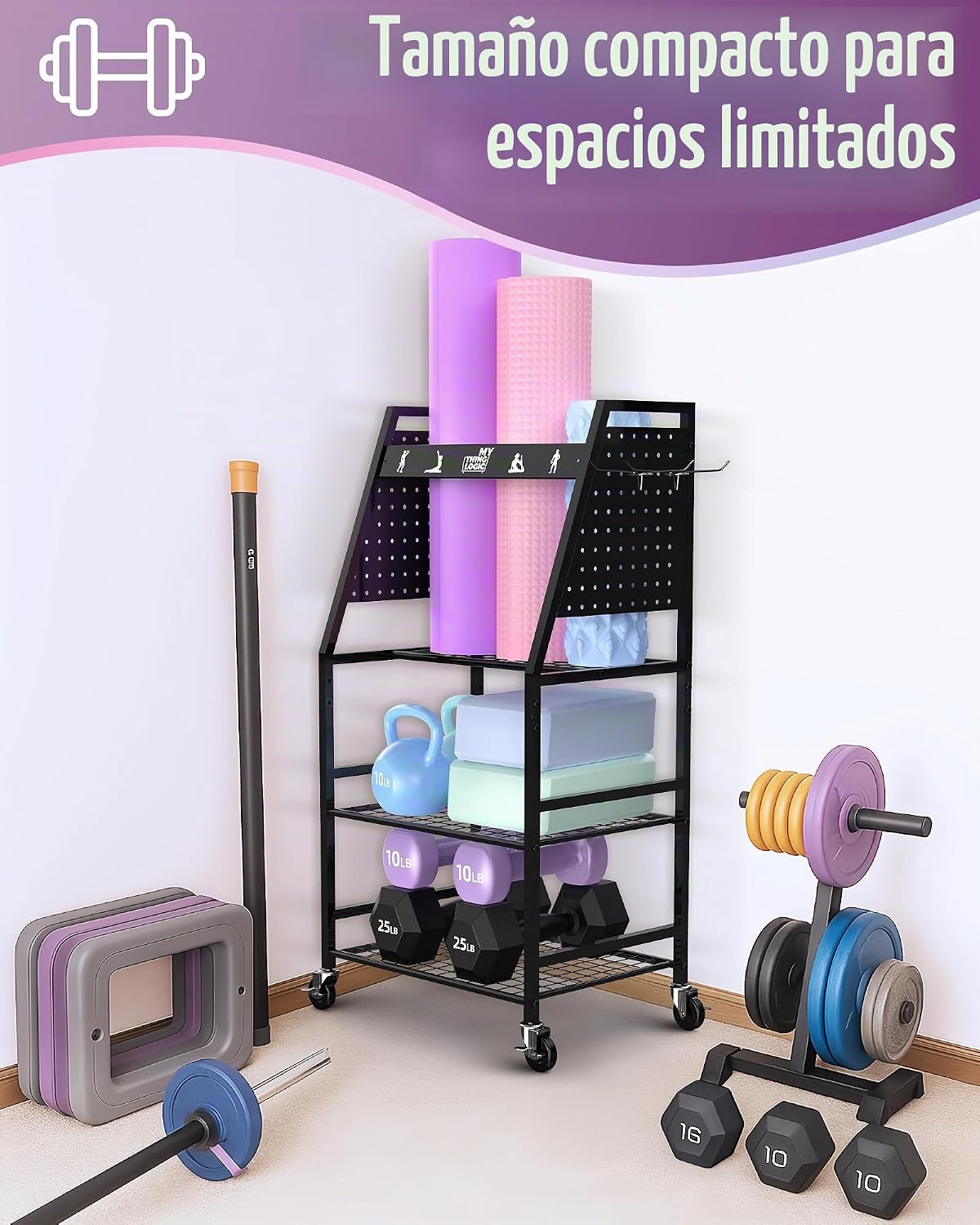 Mythinglogic Estante de gimnasio en casa para mancuernas, esterilla...
