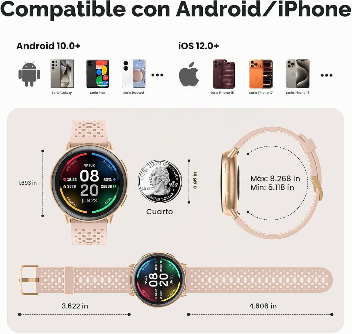 Reloj inteligente para mujer, GPS integrado, pantalla AMOLED ultra...