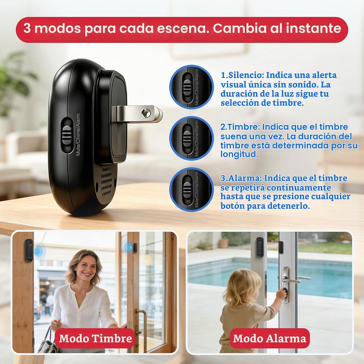 SanJie Timbre de puerta, alarma de puerta 2 en 1 con timbre único o...