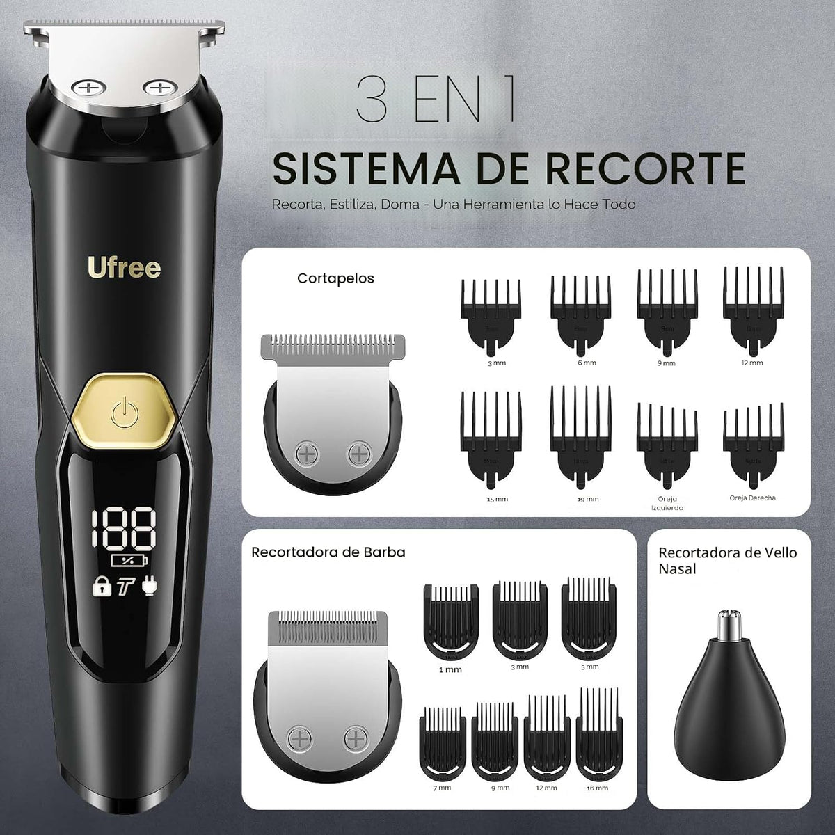 Ufree Recortadora de barba 3 en 1 para hombres, maquinilla de afeit...