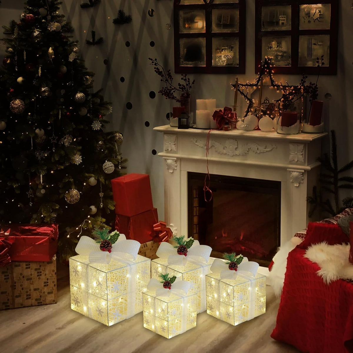Juego de 4 cajas de regalo iluminadas de Navidad, decoración navide...