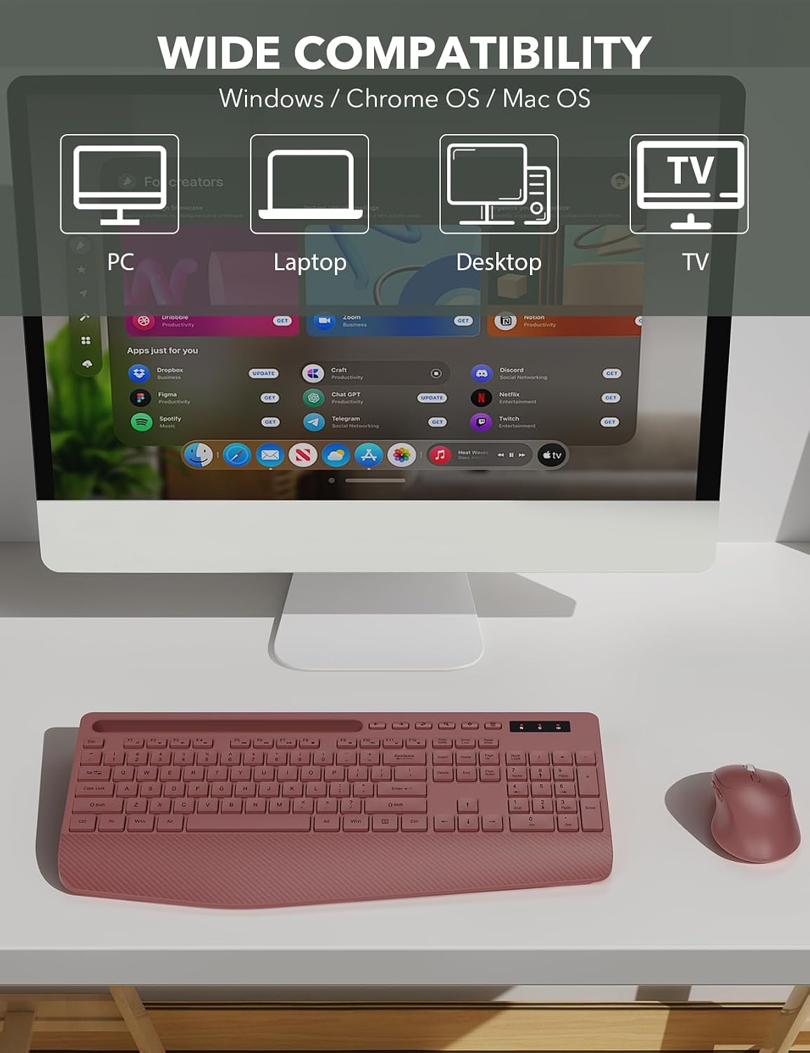 Combo de teclado y mouse inalámbricos: reposamuñecas ergonómico y d...