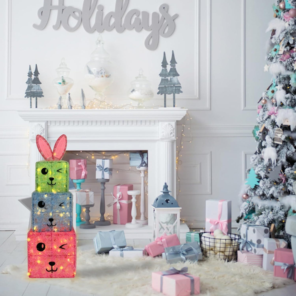 Juego de 3 cajas de regalo iluminadas de Navidad, diseño de conejo,...