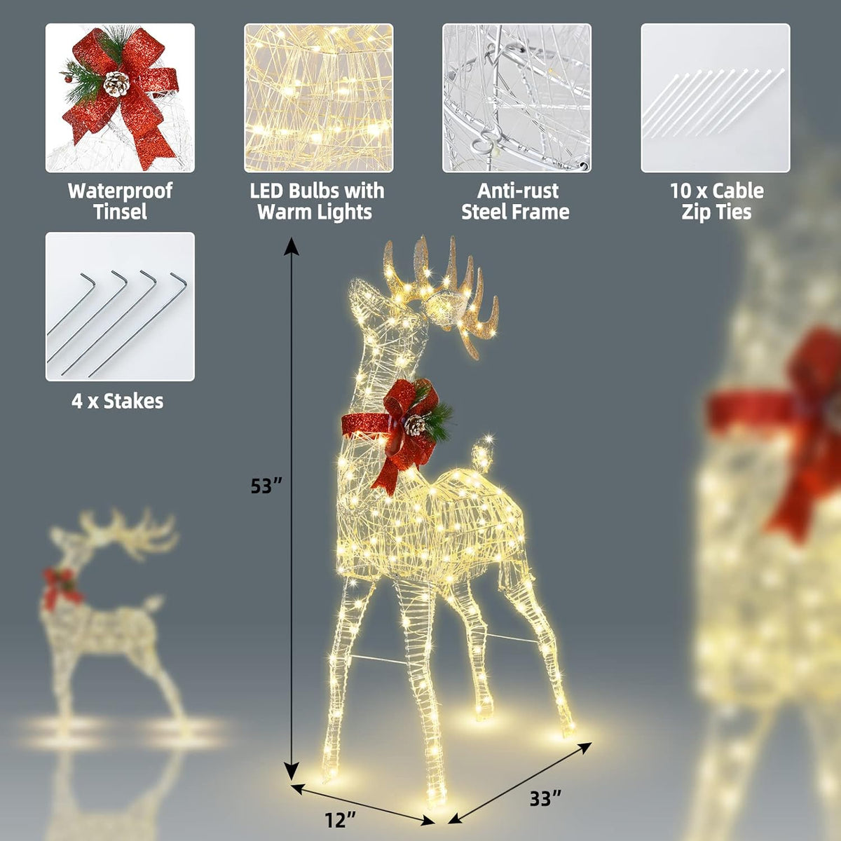 Tangkula - Reno iluminado de Navidad de 4.4 pies, ciervo 3D para ex...