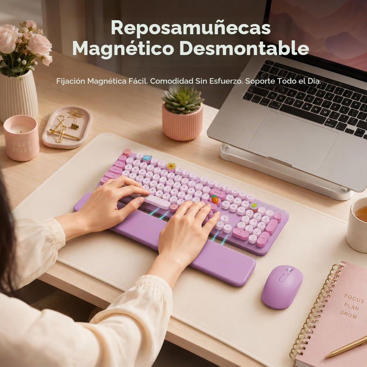 Teclado y mouse inalámbricos, teclas redondas, reposamuñecas magnét...