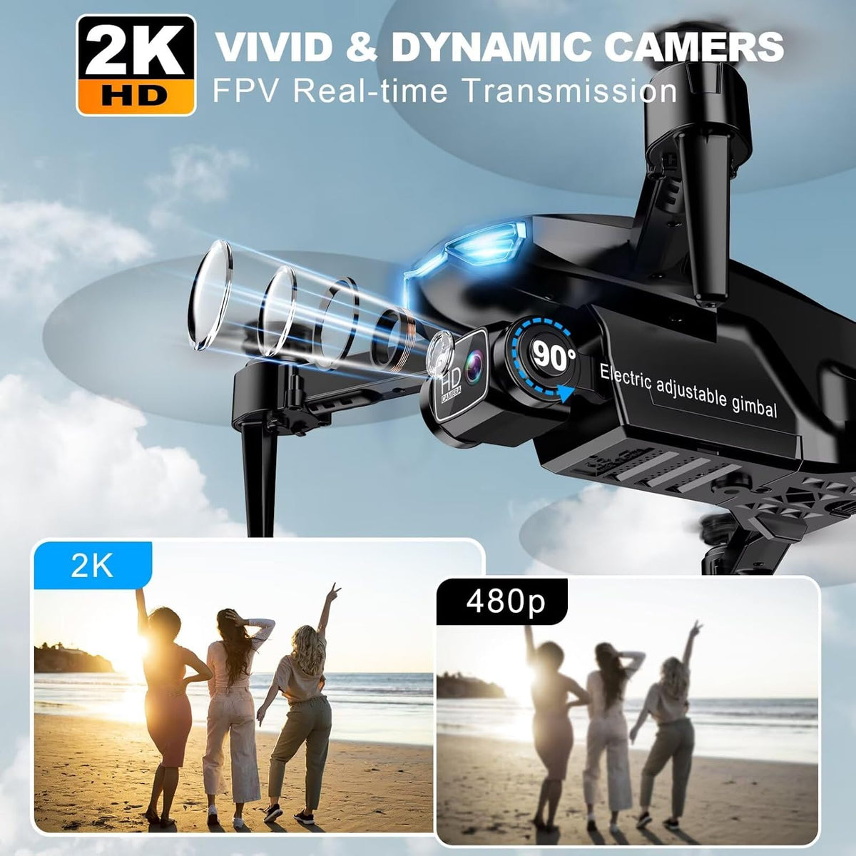 Dron FPV HD 2K con cámara para adultos, retención de altitud, despe...