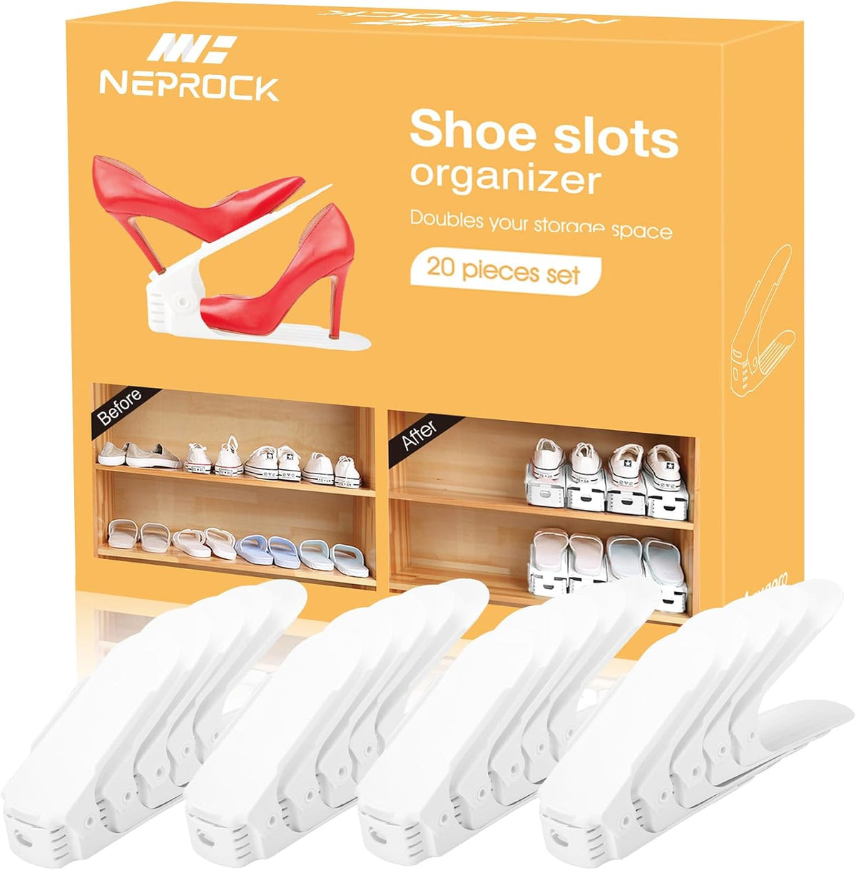 Neprock Organizador de ranuras para zapatos, paquete de 20 estantes...