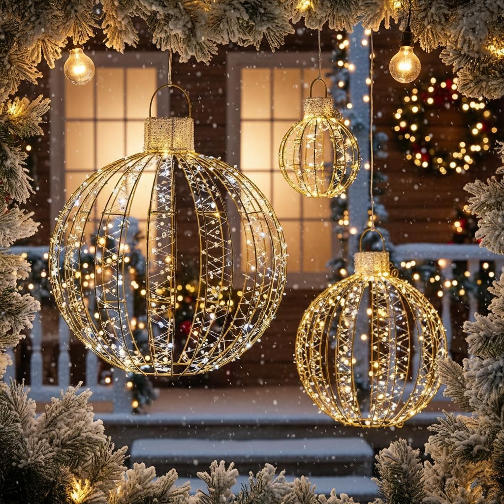 Tangkula - Paquete de 3 bolas de Navidad con luz LED, adornos de me...