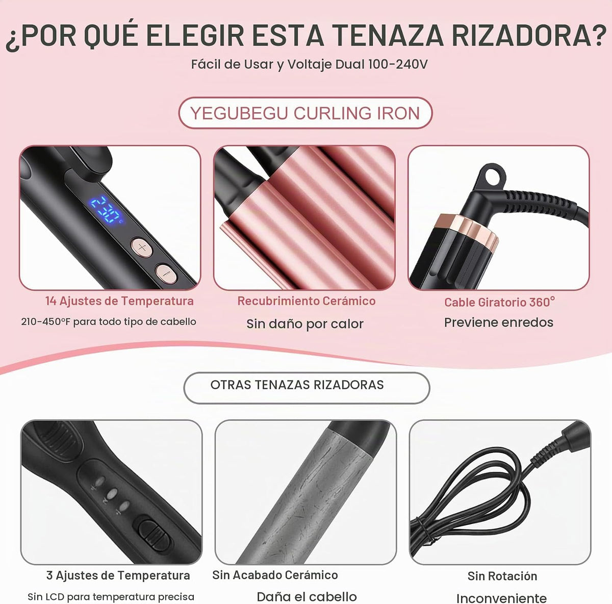 Rizador de 3 barriles, herramienta de crimpadora de cabello de 1 pu...