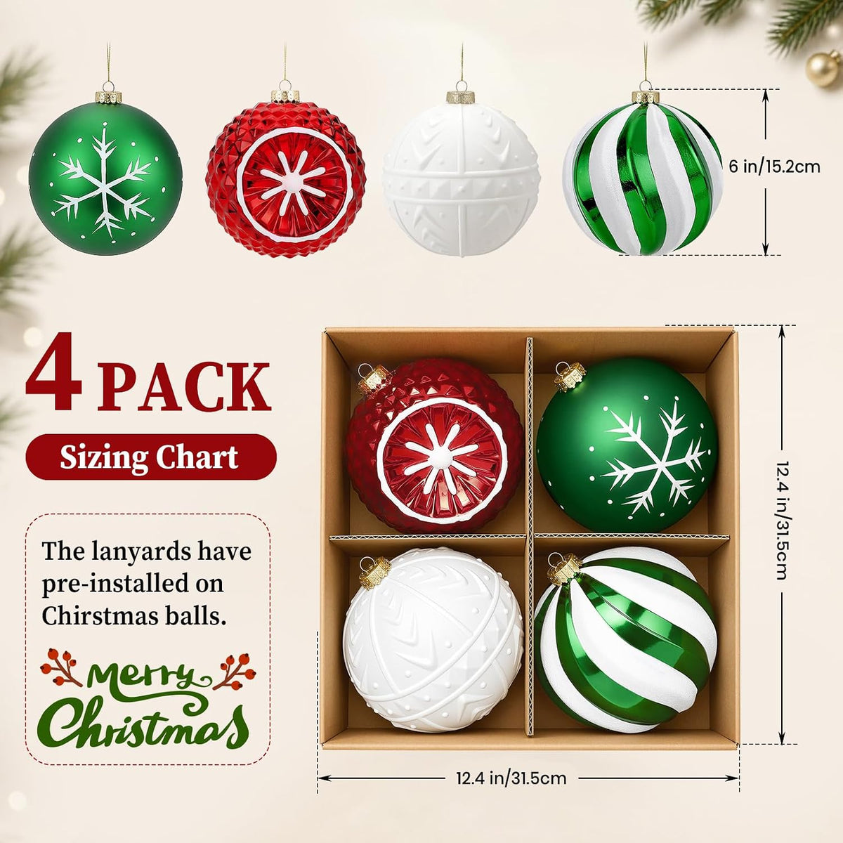 SHareconn Bolas grandes para árbol de Navidad, 4 unidades, 6 pulgad...