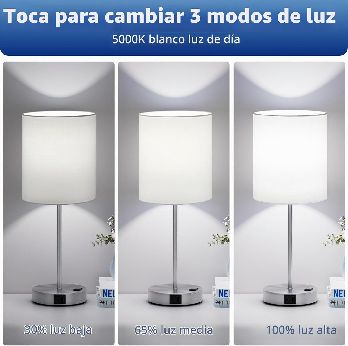 Juego de 2 lámparas táctiles plateadas de 17.6 pulgadas para dormit...