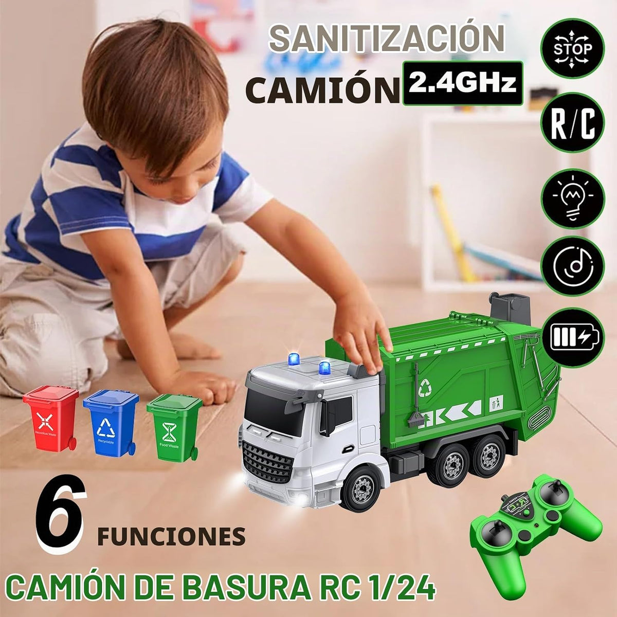 CALEST Camión de basura RC de 2.4Ghz con 4 cubos de basura, control...