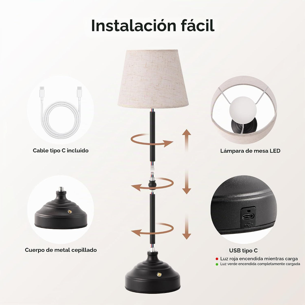 keysays Lámpara de mesa inalámbrica, lámpara de escritorio recargab...