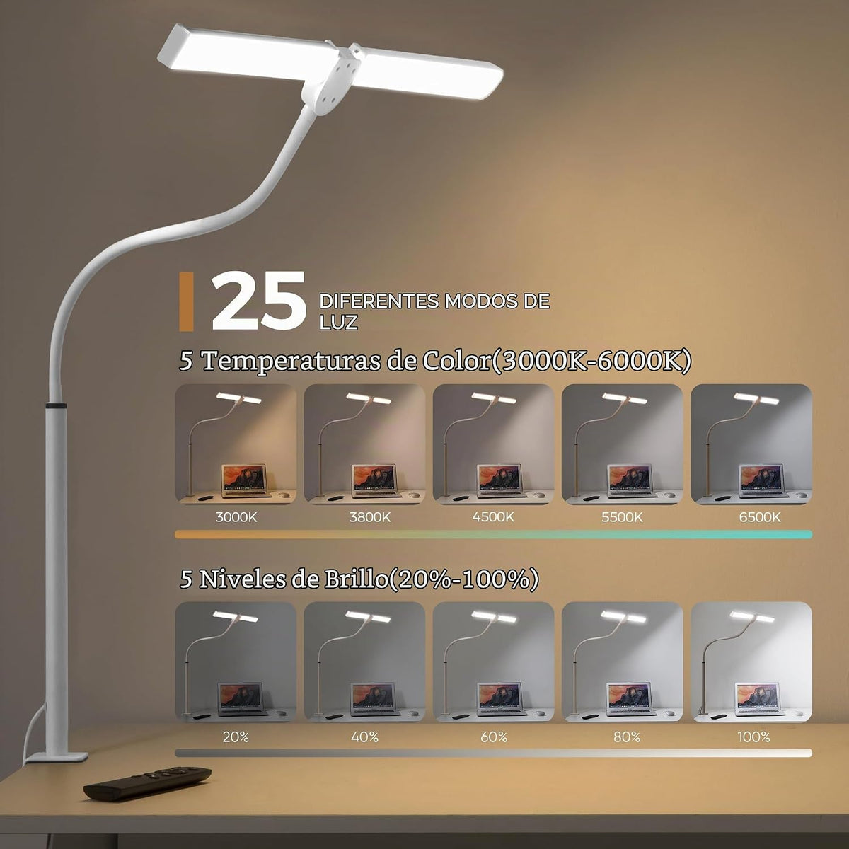 Motumen Lámpara de escritorio LED para oficina en casa, abrazadera...