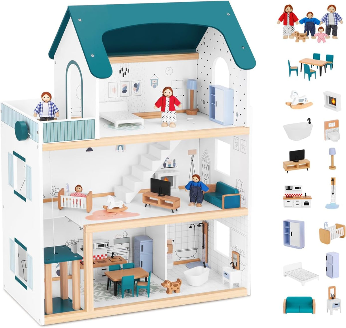 OOOK Casa de muñecas de madera con elevador elevable, 2.6 pies de a...