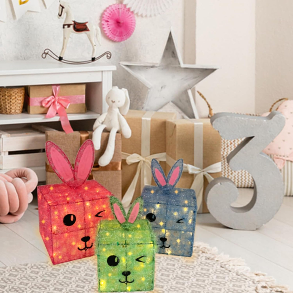Juego de 3 cajas de regalo iluminadas de Navidad, diseño de conejo,...