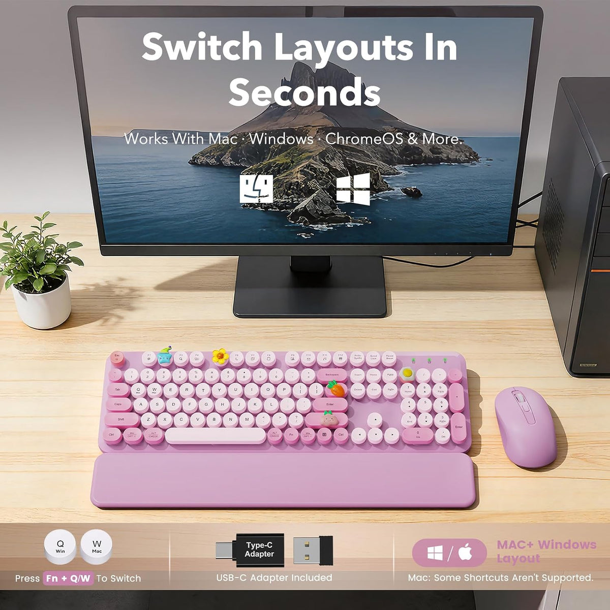 Teclado y mouse inalámbricos, teclas redondas, reposamuñecas magnét...