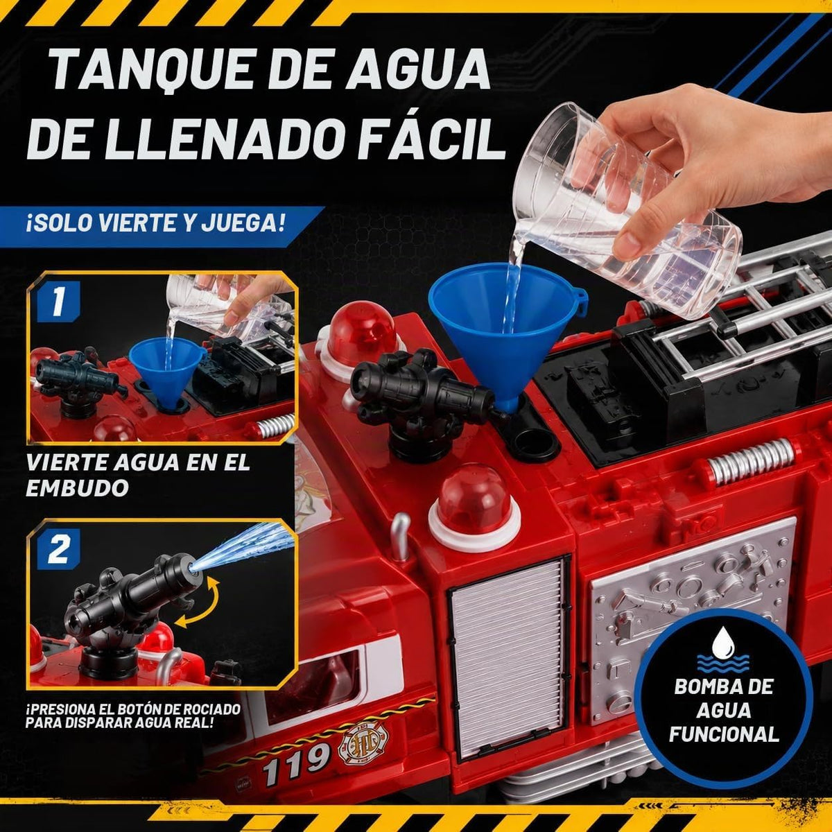 Camión de bomberos a control remoto de rescate RC que dispara agua...