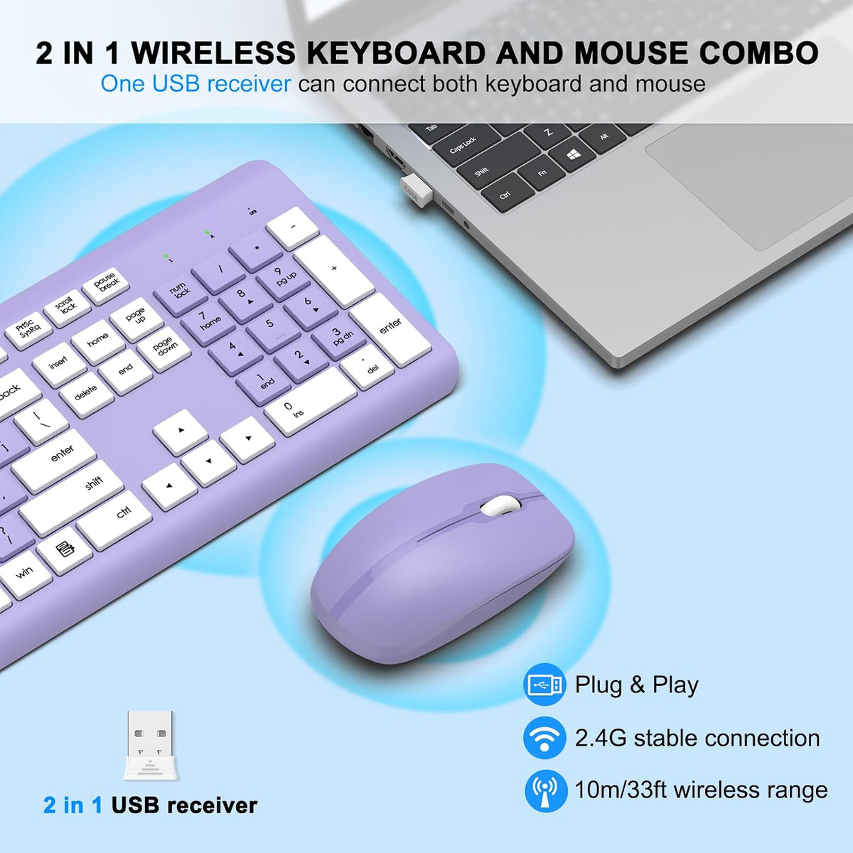 Combo de teclado y mouse inalámbricos, teclado ergonómico silencios...
