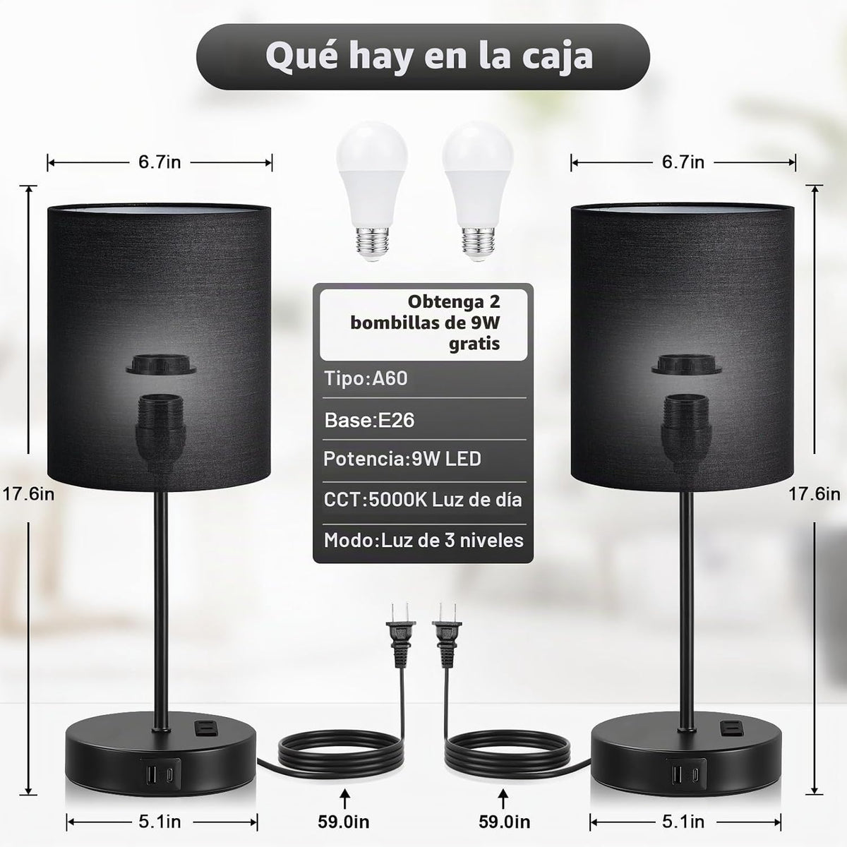 Juego de 2 lámparas táctiles negras de 17.6 pulgadas para dormitori...