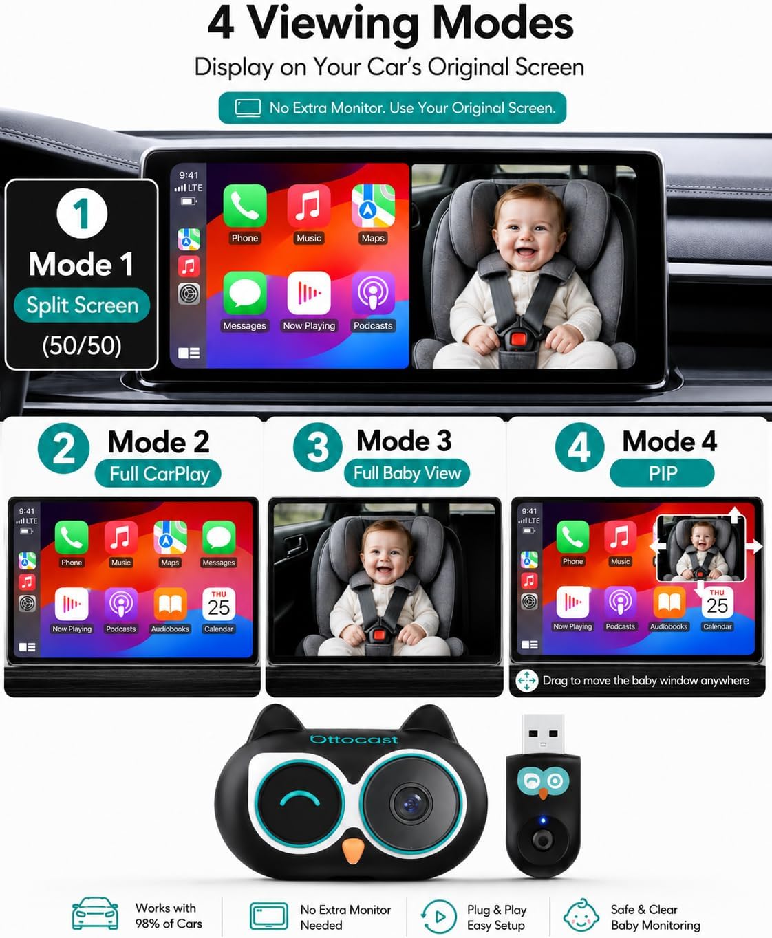 OTTOCAST Cámara de coche para bebé, no necesita pantalla adicional...