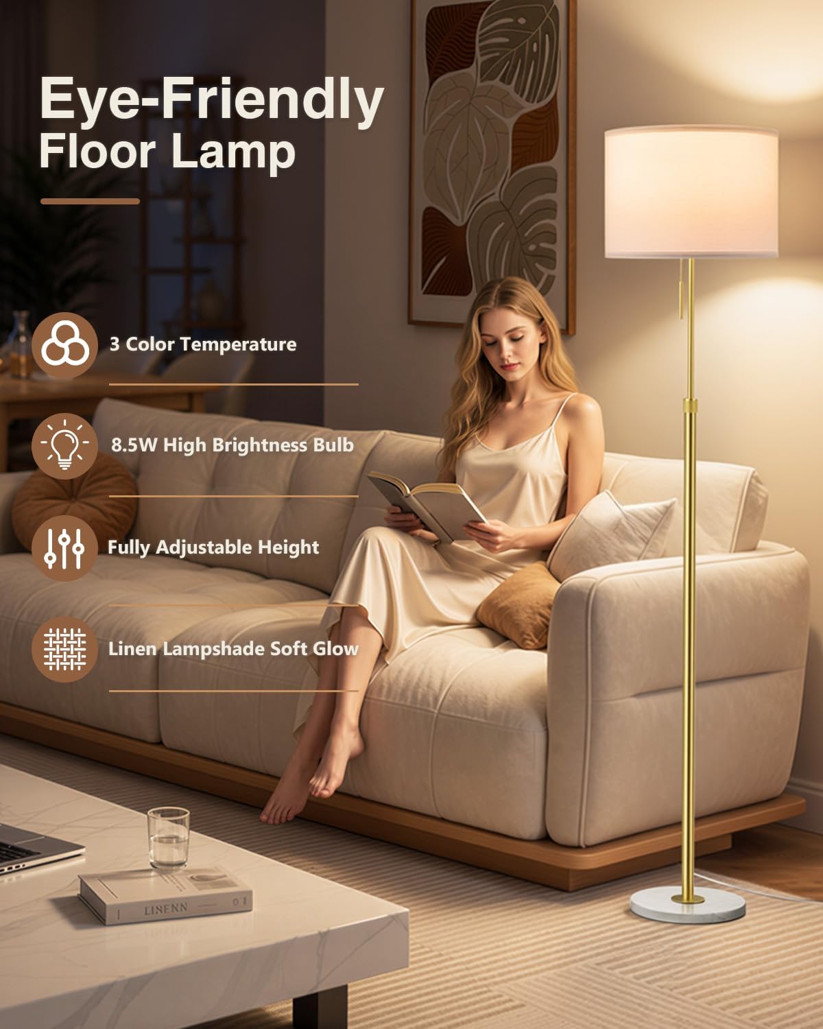 Ambimall Lámpara de pie moderna dorada ajustable en altura, oro y b...
