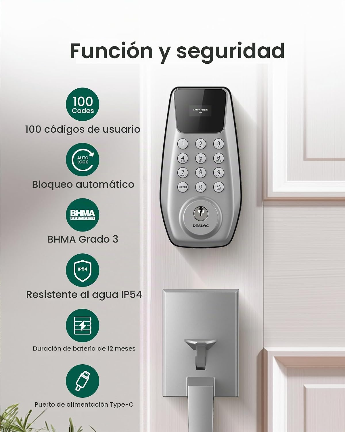 DESLOC Cerradura de puerta de entrada sin llave C100 con juego de m...