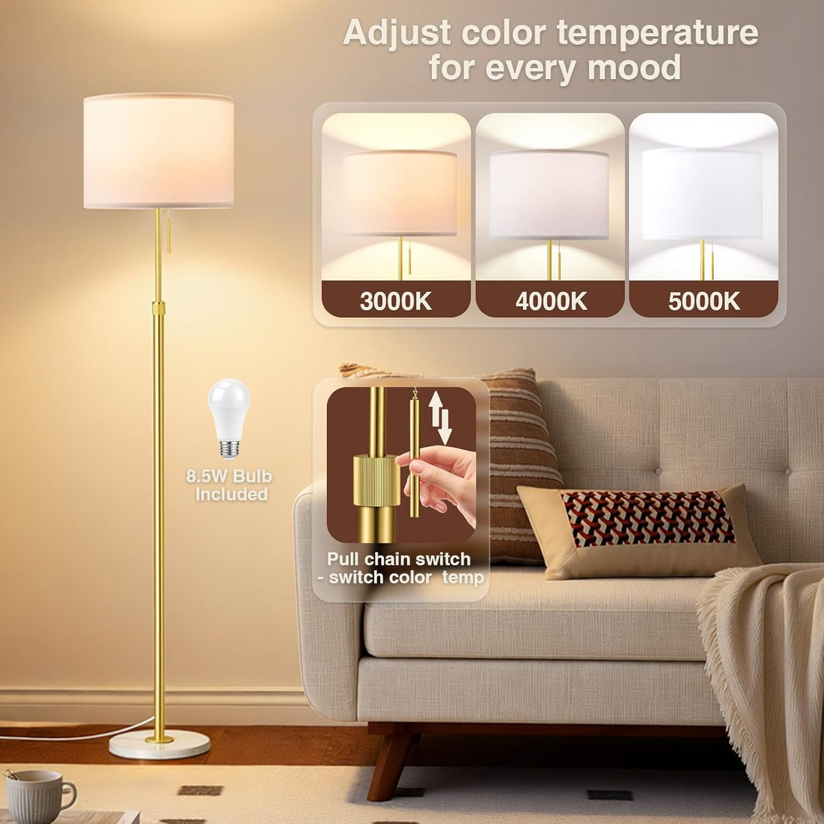 Ambimall Lámpara de pie moderna dorada ajustable en altura, oro y b...