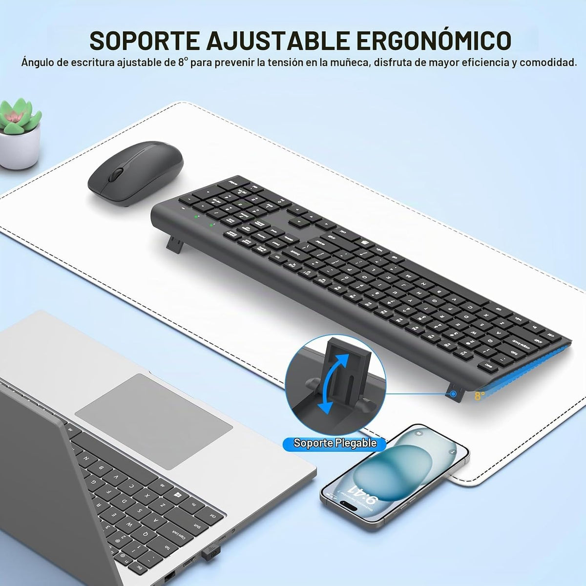 Combo de teclado y mouse inalámbricos, teclado ergonómico silencios...