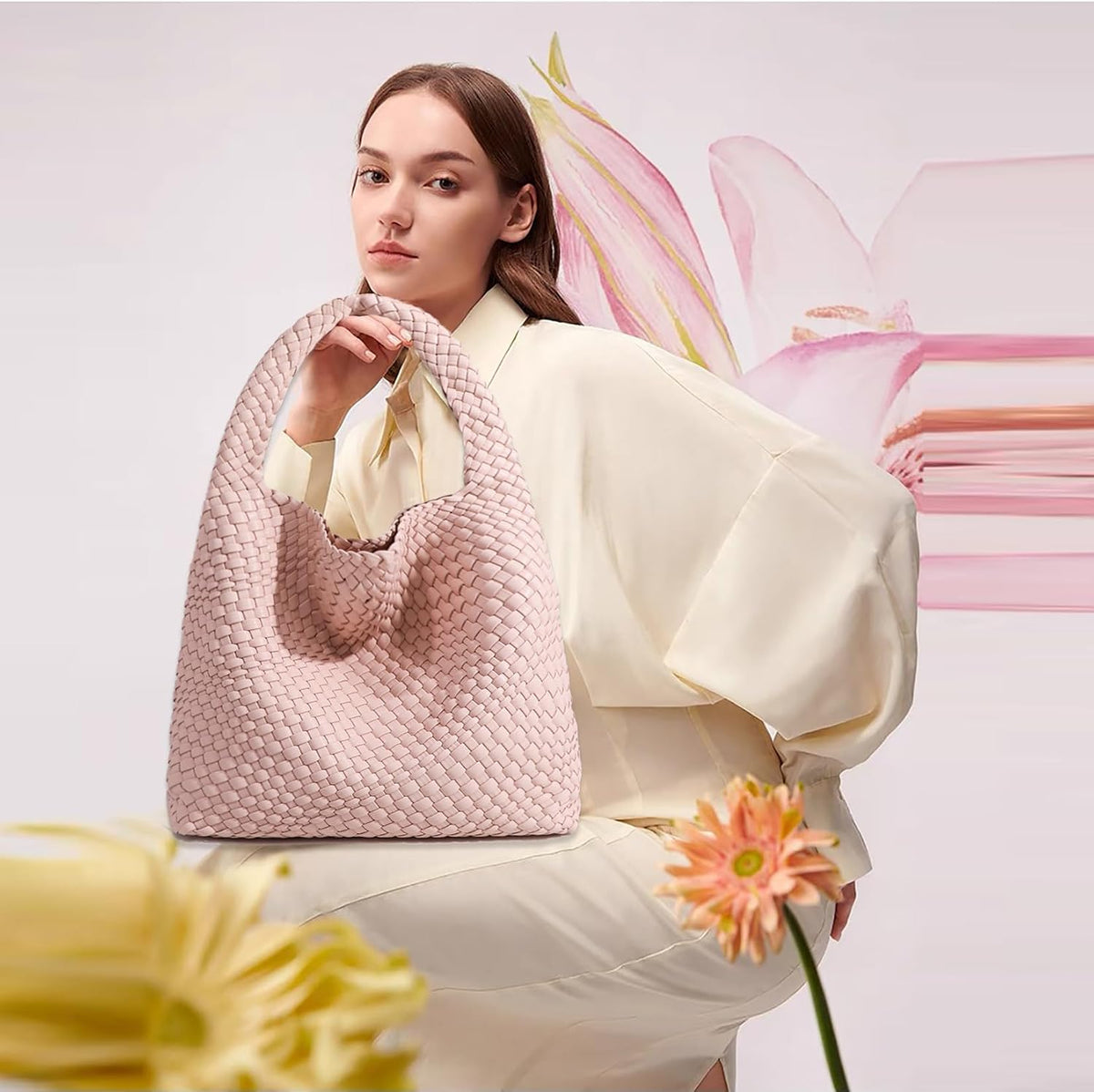 Bolso de mano de mujer con asa superior de cuero vegano tejido a ma...