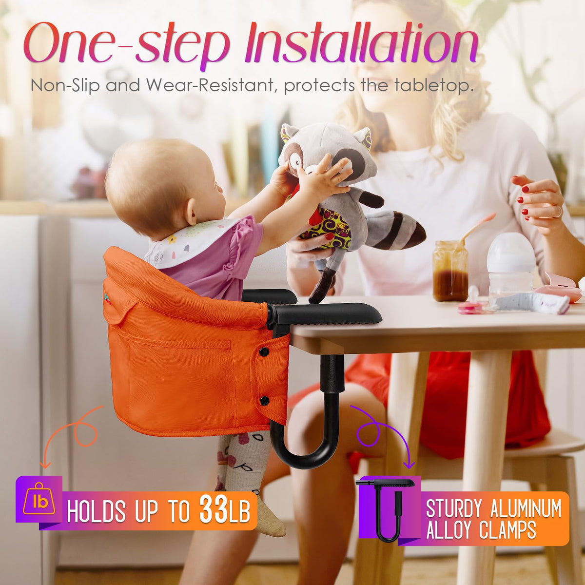 Silla alta con gancho, silla alta plegable portátil para bebés de 6...