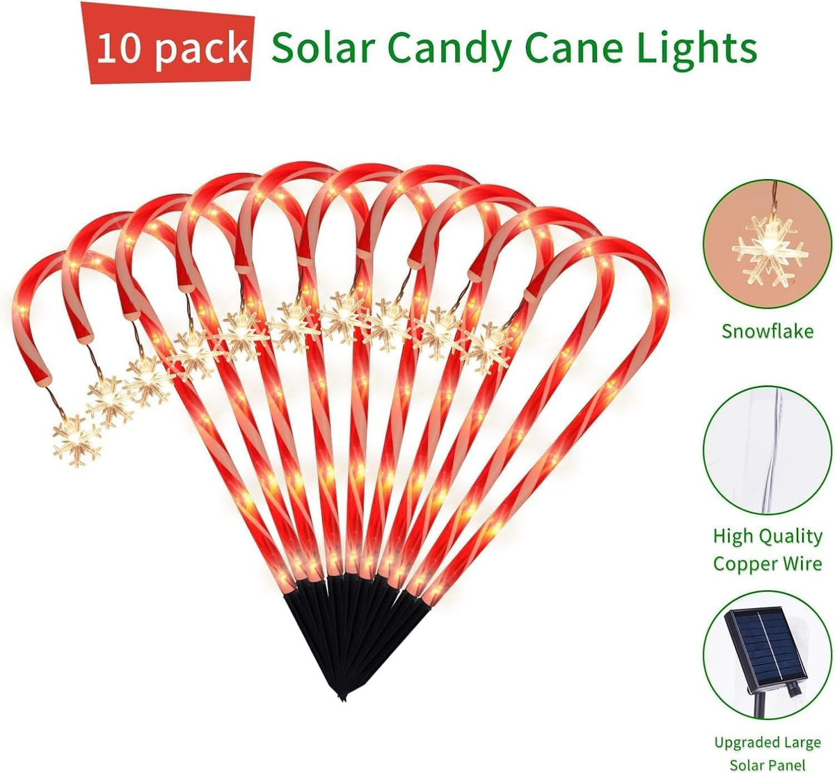 Paquete de 10 luces solares de bastón de caramelo, decoración navid...