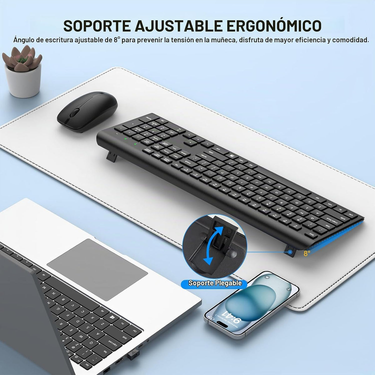 Combo de teclado y mouse inalámbricos, teclado ergonómico silencios...
