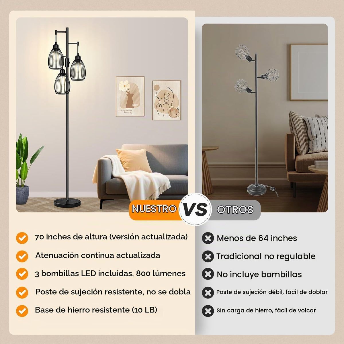 Lámpara de pie regulable, 3 bombillas LED de 800LM incluidas, lámpa...