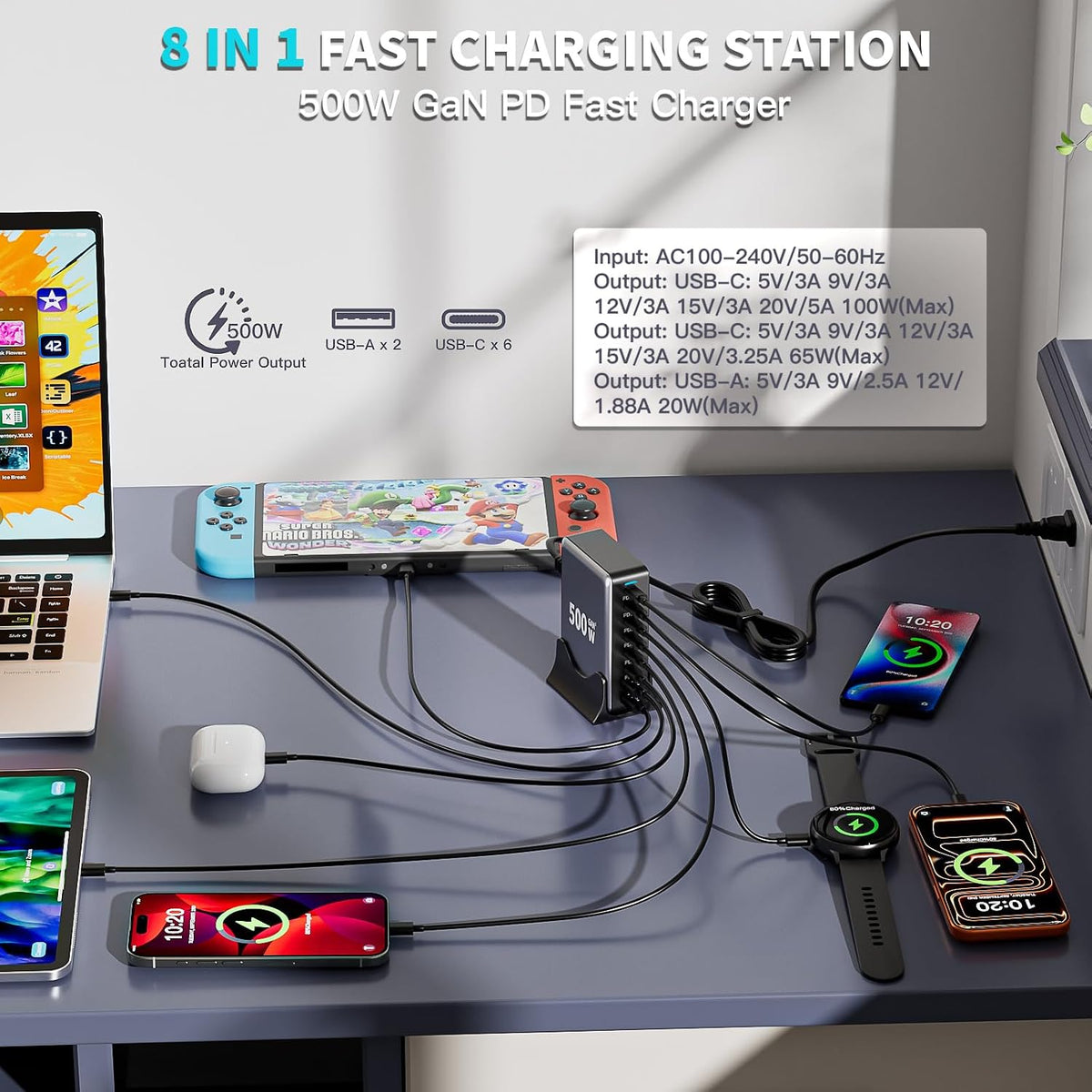 Estación de carga USB C GaN de 500 W, bloque de carga rápida de 8 p...