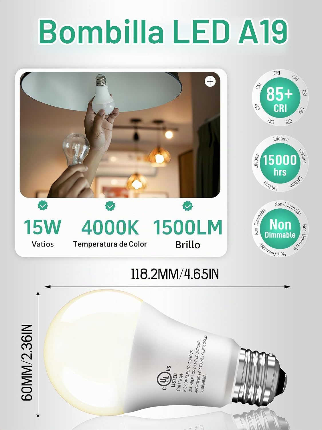 Paquete de 12 bombillas LED equivalentes a 100 W, A19 15 W, blanco...