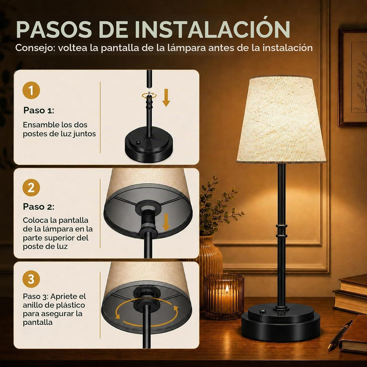 Lámpara de mesa inalámbrica recargable, funciona con pilas, color n...