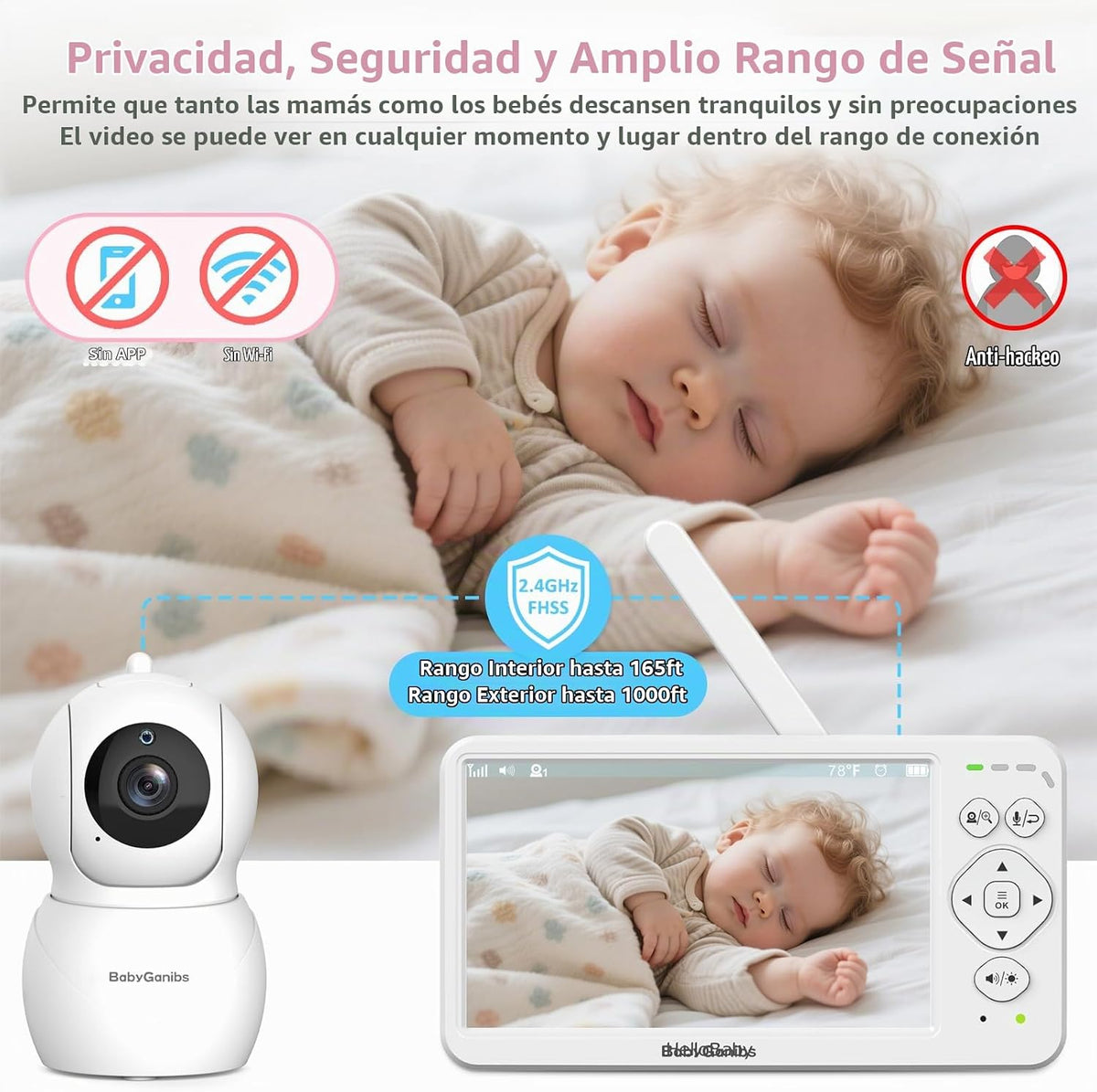 Baby Ganibs Monitor de bebé de pantalla grande de 6" con cámara...