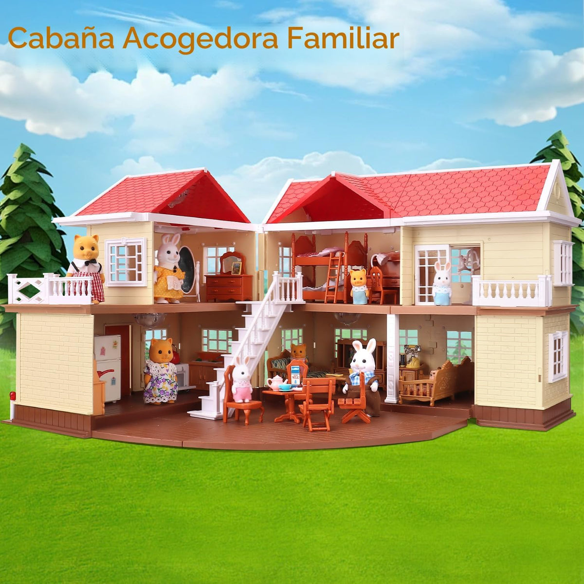Set de casa de cabaña familiar acogedora, casa de muñecas con muebl...