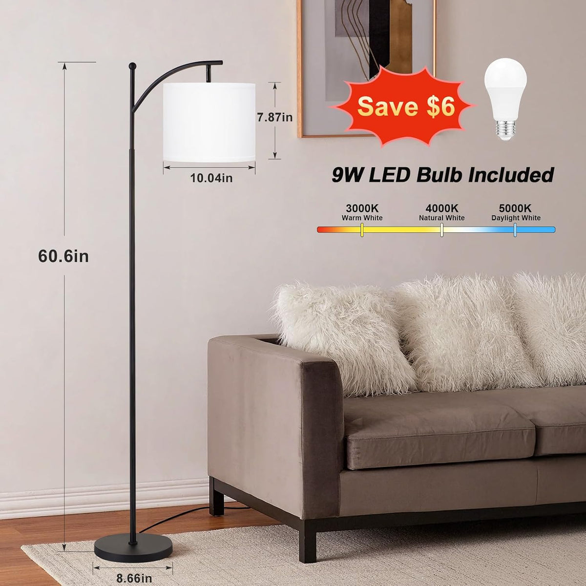 Ambimall Lámpara de pie de 60 pulgadas con 3 temperaturas de color,...