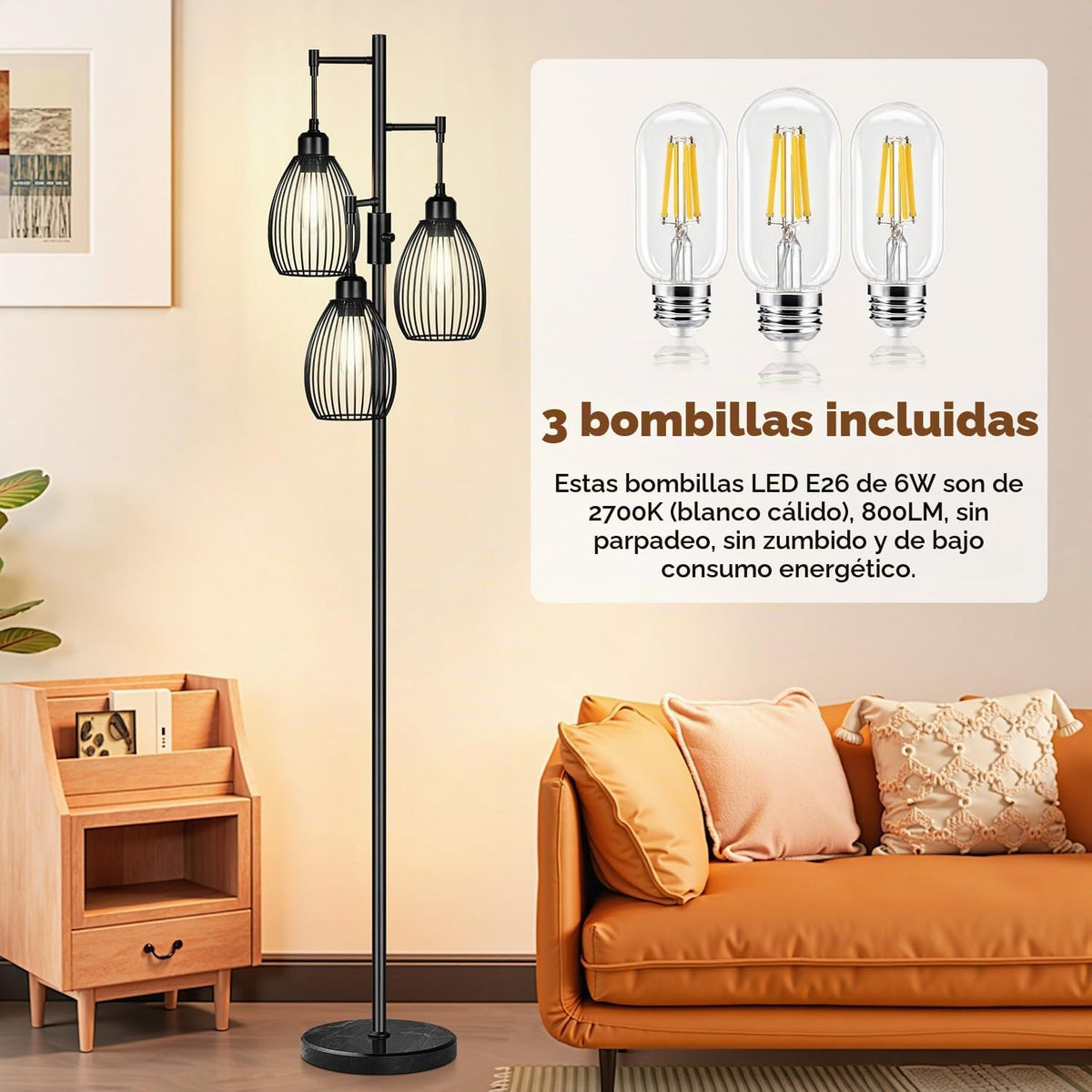 Lámpara de pie regulable, 3 bombillas LED de 800LM incluidas, lámpa...