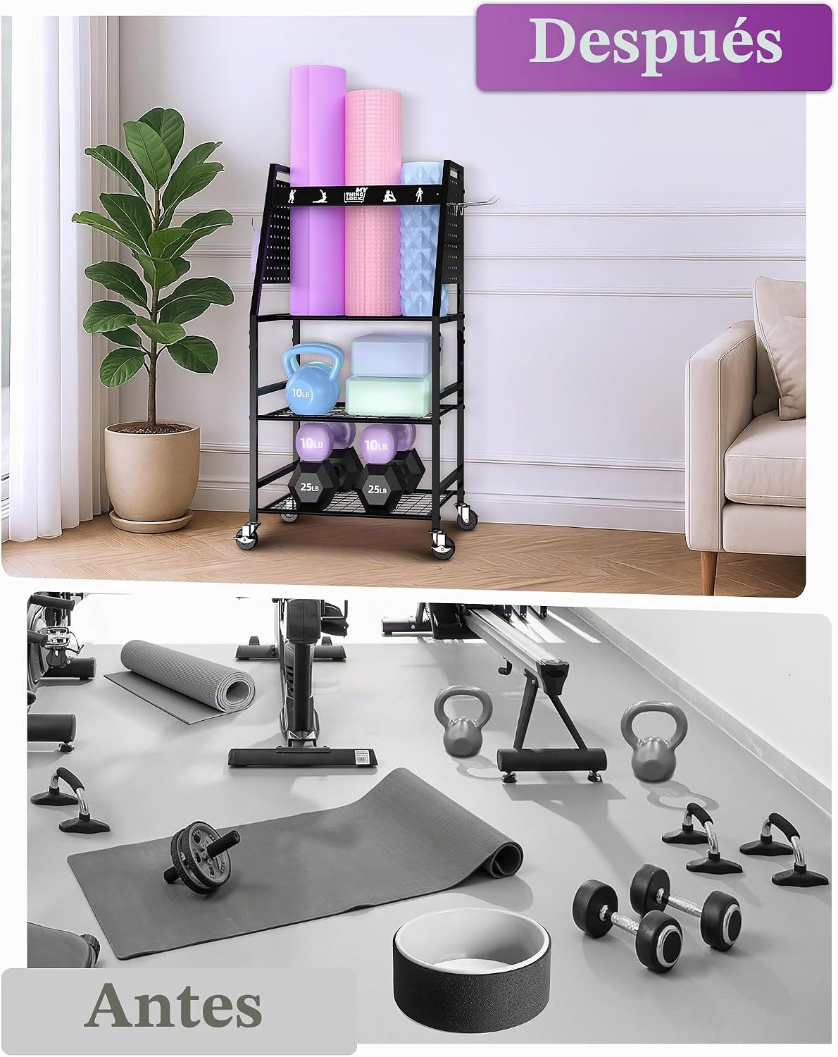 Mythinglogic Estante de gimnasio en casa para mancuernas, esterilla...