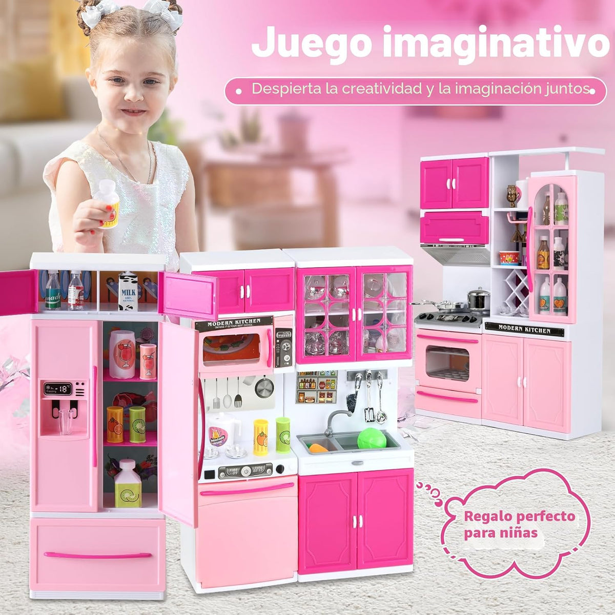 SOCBTNSO 64 piezas de juguete de cocina rosa con luces y sonidos pa...