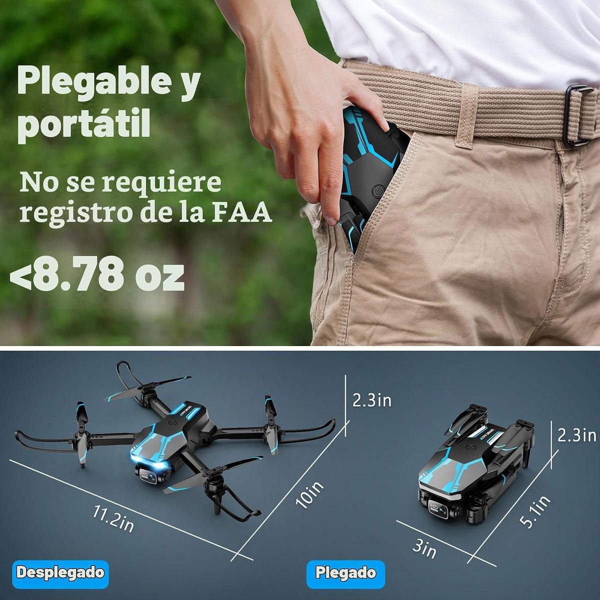 Drone con cámara y pantalla en el controlador, dron plegable 1080P...